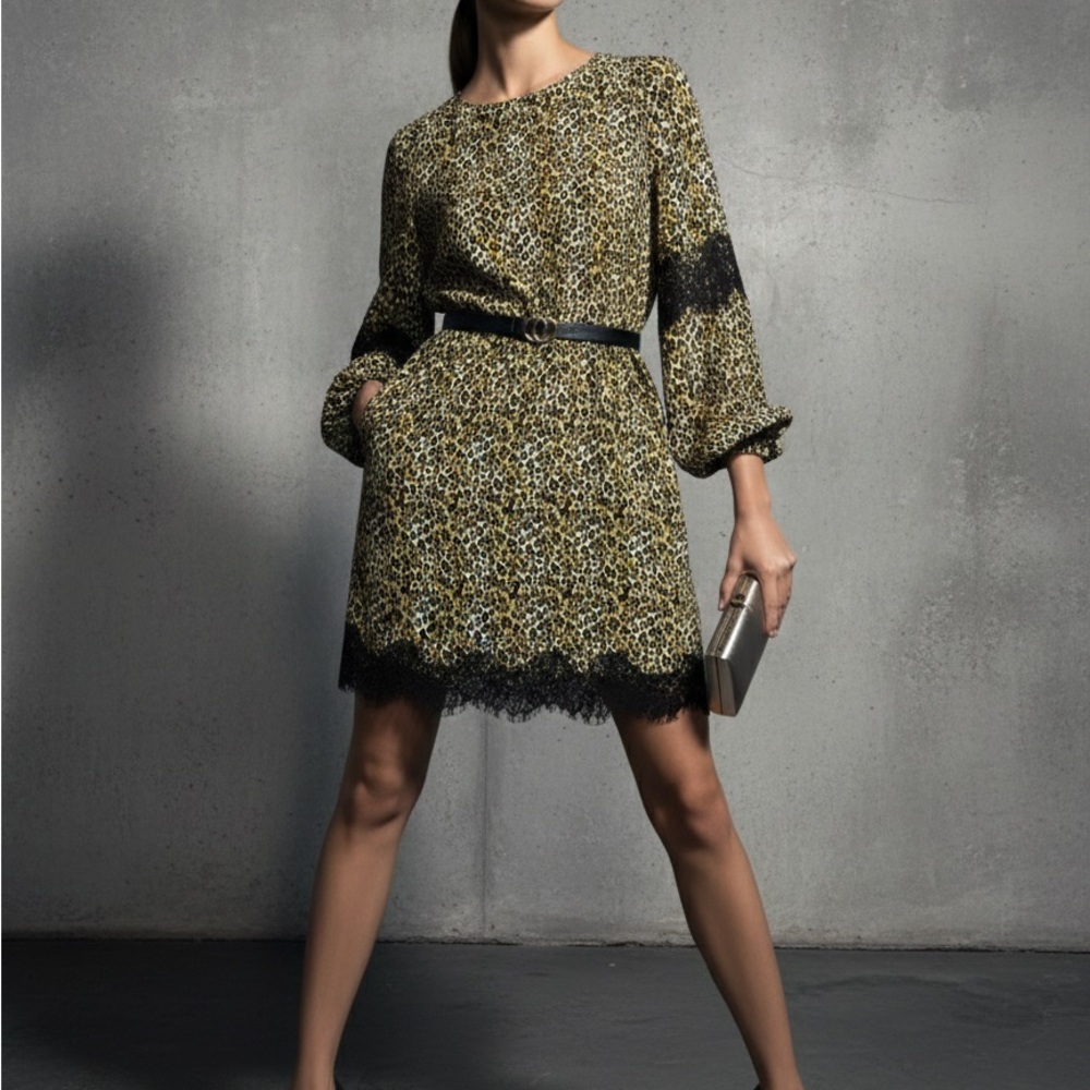 Gold Hawk Leopard Print Dress with Black Lace Trim